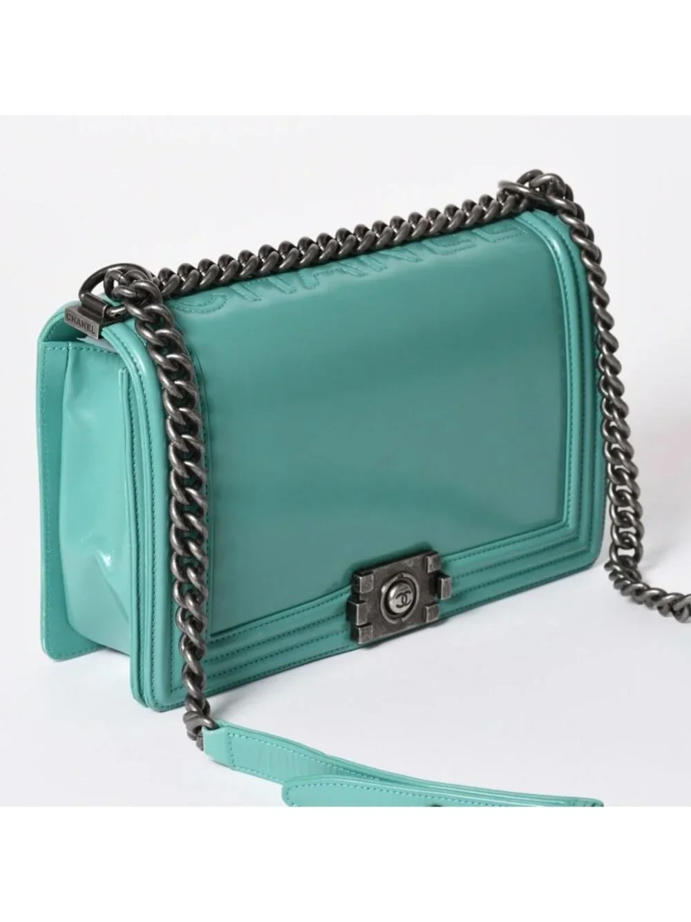 Chanel Boy Large Chain Shoulder Bag CC Logo Calfskin Turquoise